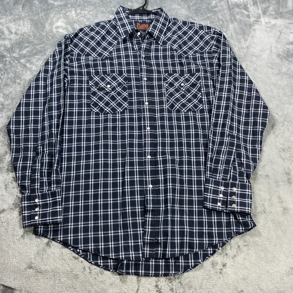 Plains Western Wear Shirt Men Large Black Windowpane Plaid Pearl Snap Cowboy
